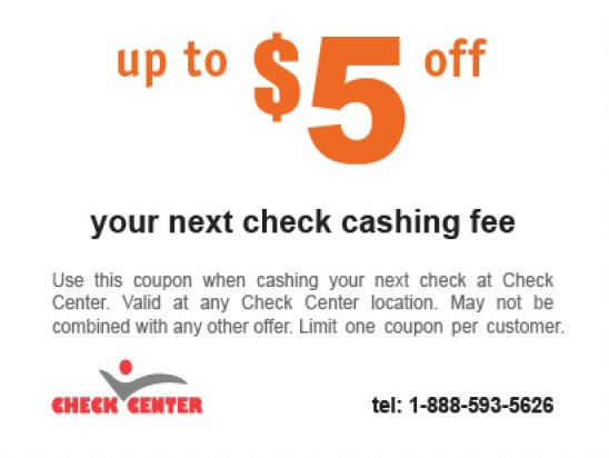 5 Dollars off Check Cashing Fee Coupon